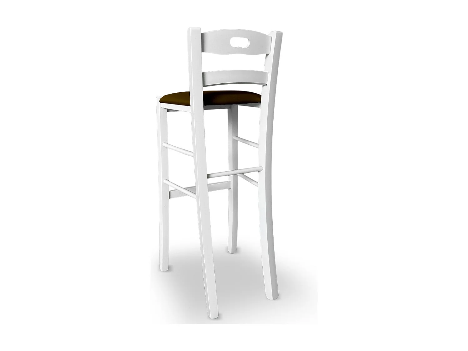 Tabouret h 80 en bois peint blanc avec poignée assise en simili cuir marron