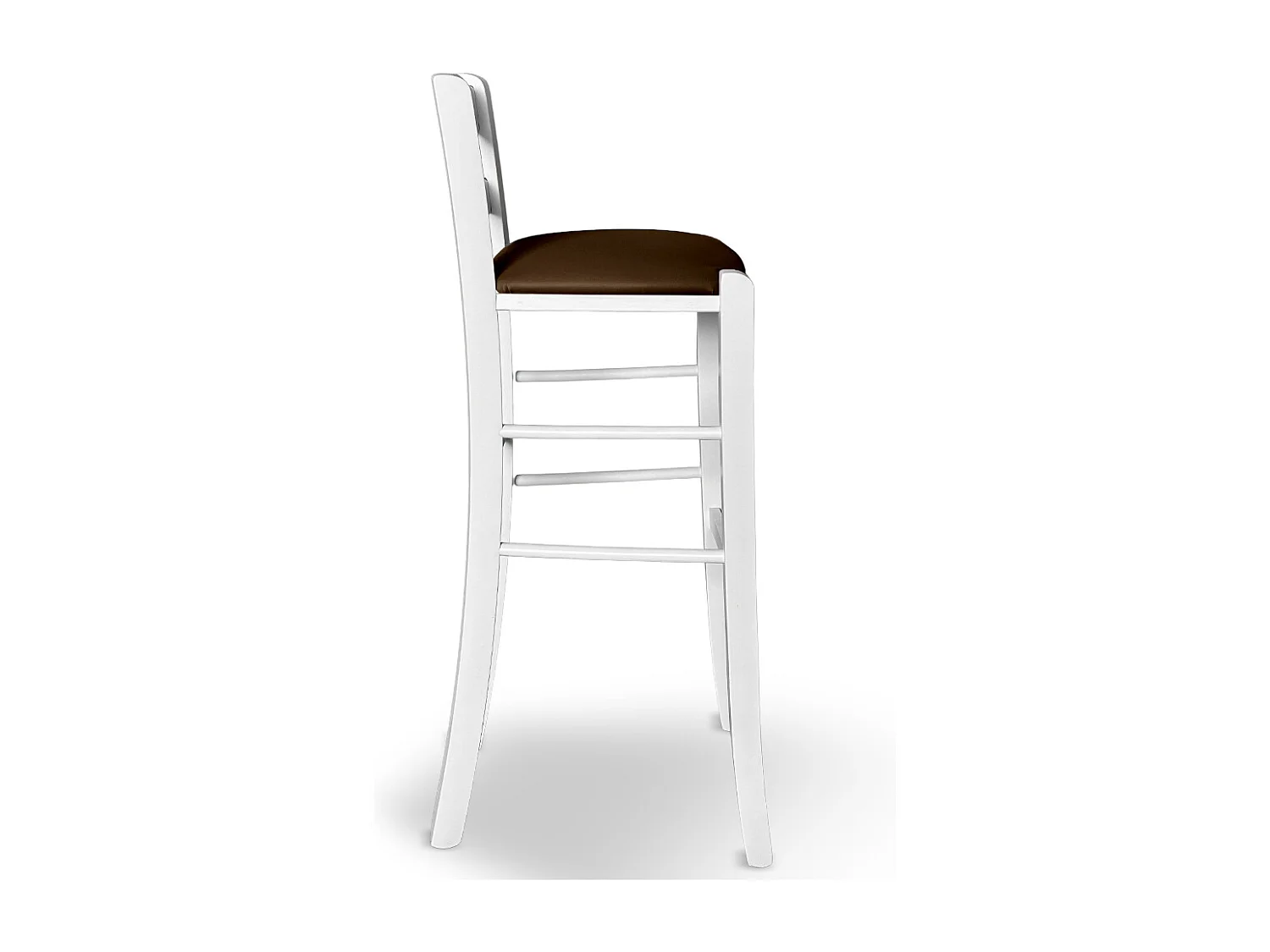Tabouret h 80 en bois peint blanc avec poignée assise en simili cuir marron