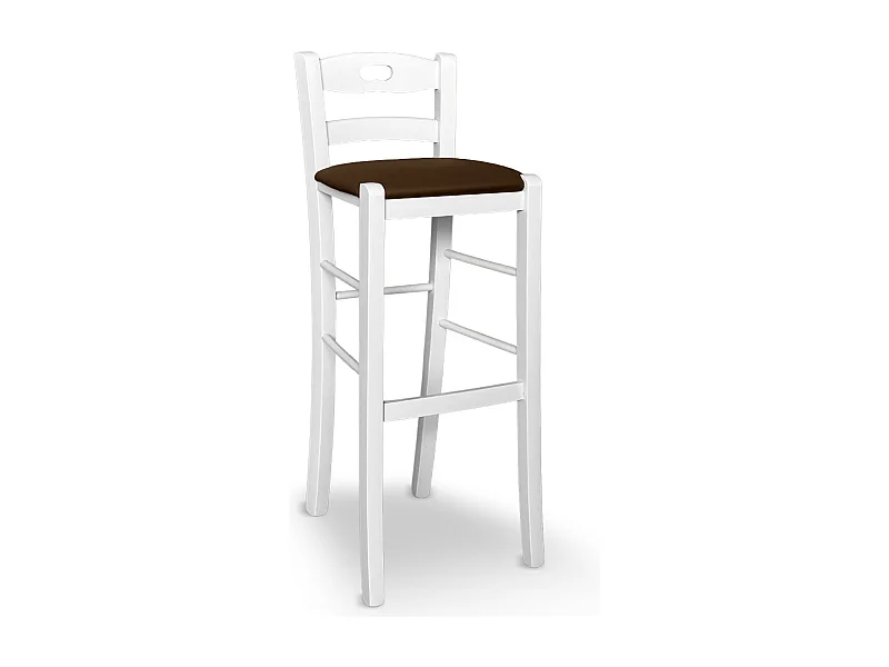 Taburete h80 en madera pintada de blanco con asa y asiento en símil piel marrón.