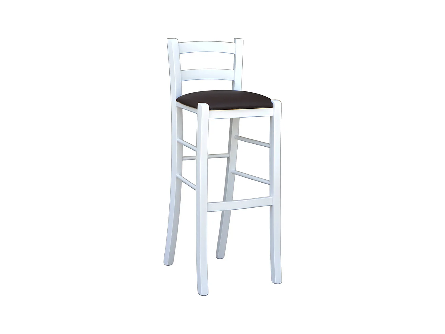 Tabouret h80cm en bois laqué blanc avec dossier et assise en simili cuir marron
