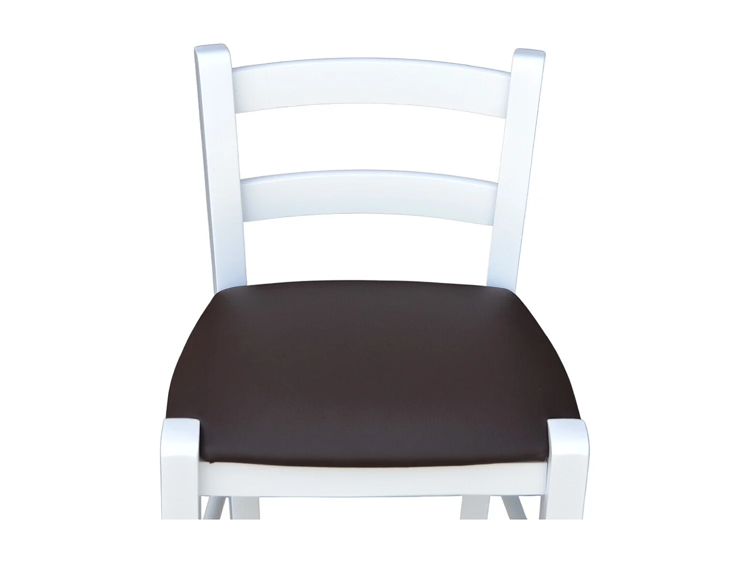 Tabouret h80cm en bois laqué blanc avec dossier et assise en simili cuir marron