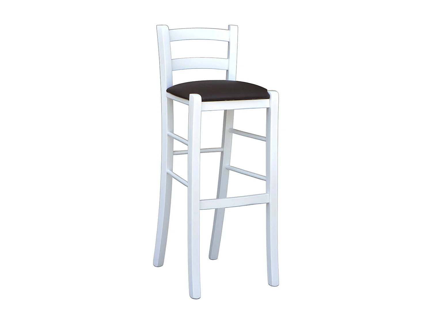 Tabouret h80cm en bois laqué blanc avec dossier et assise en simili cuir marron