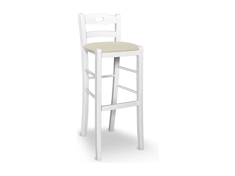 Tabouret h 80 en bois peint blanc avec poignée et assise en simili cuir beige