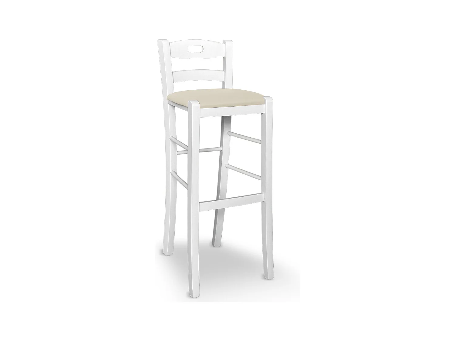 Tabouret h 80 en bois peint blanc avec poignée et assise en simili cuir beige