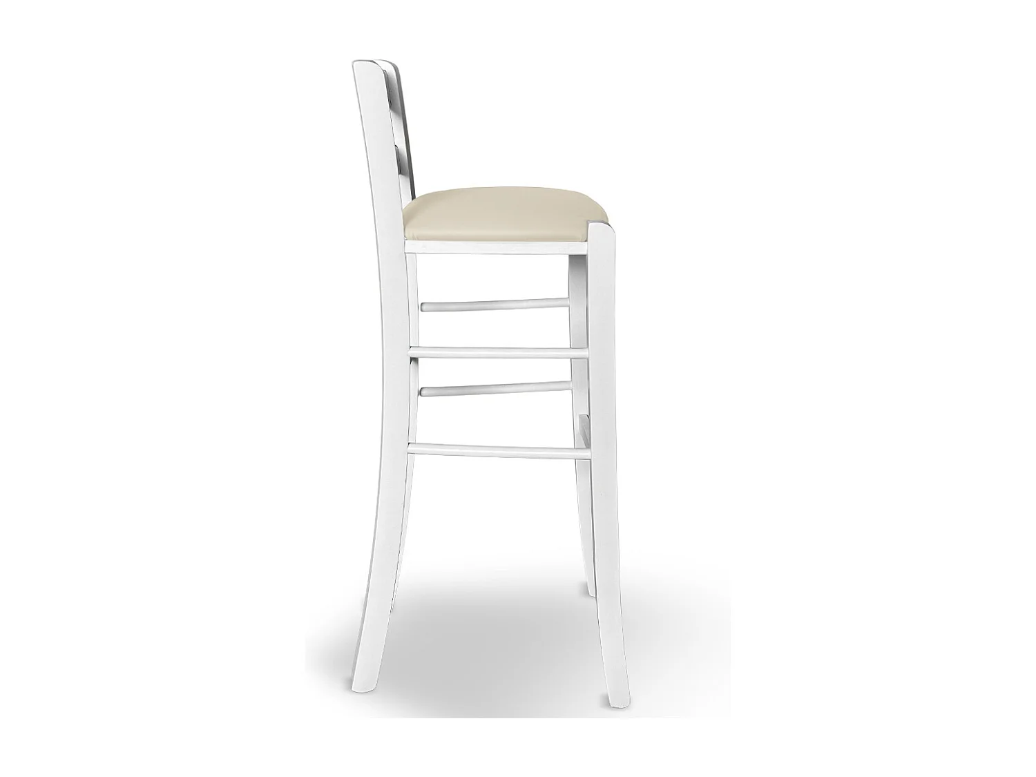 Tabouret h 80 en bois peint blanc avec poignée et assise en simili cuir beige