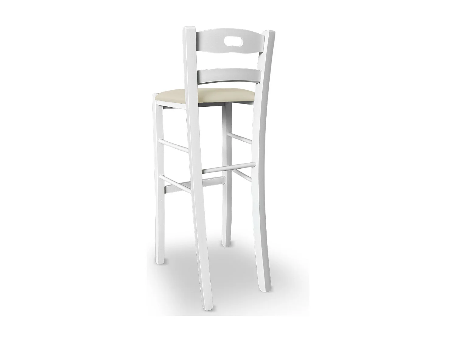 Tabouret h 80 en bois peint blanc avec poignée et assise en simili cuir beige
