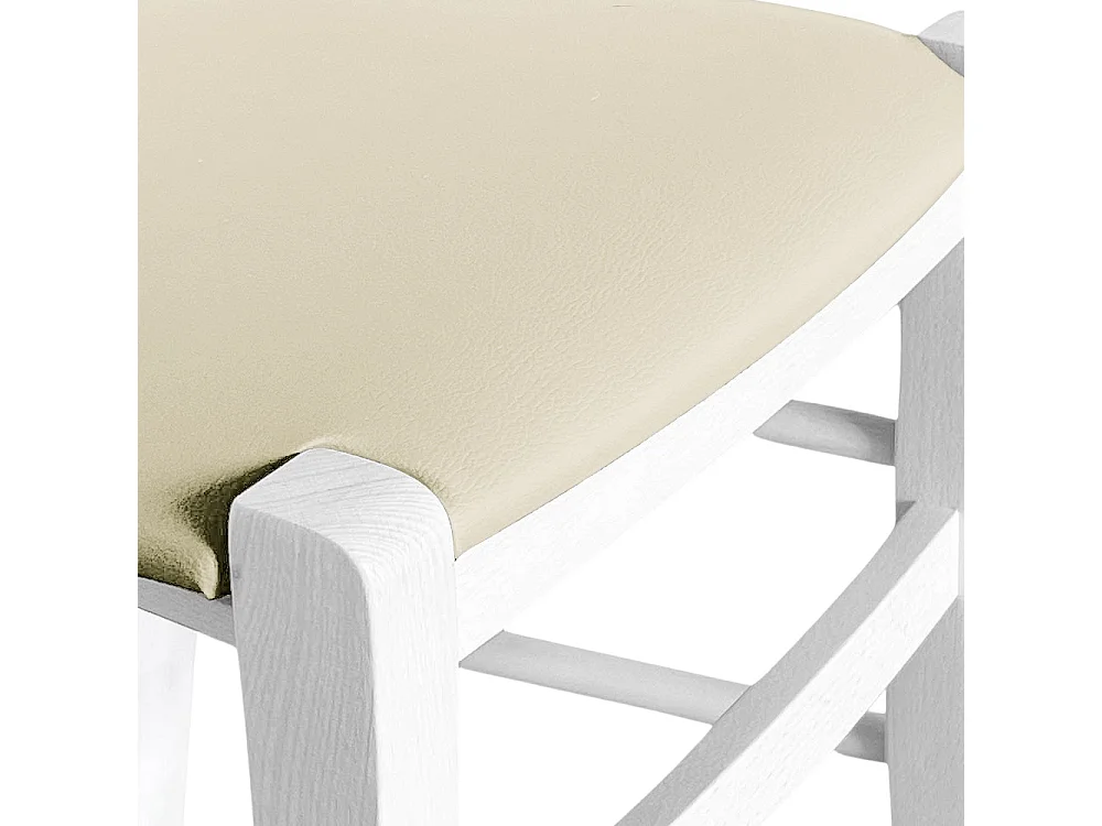 Tabouret h 80 en bois peint blanc avec poignée et assise en simili cuir beige