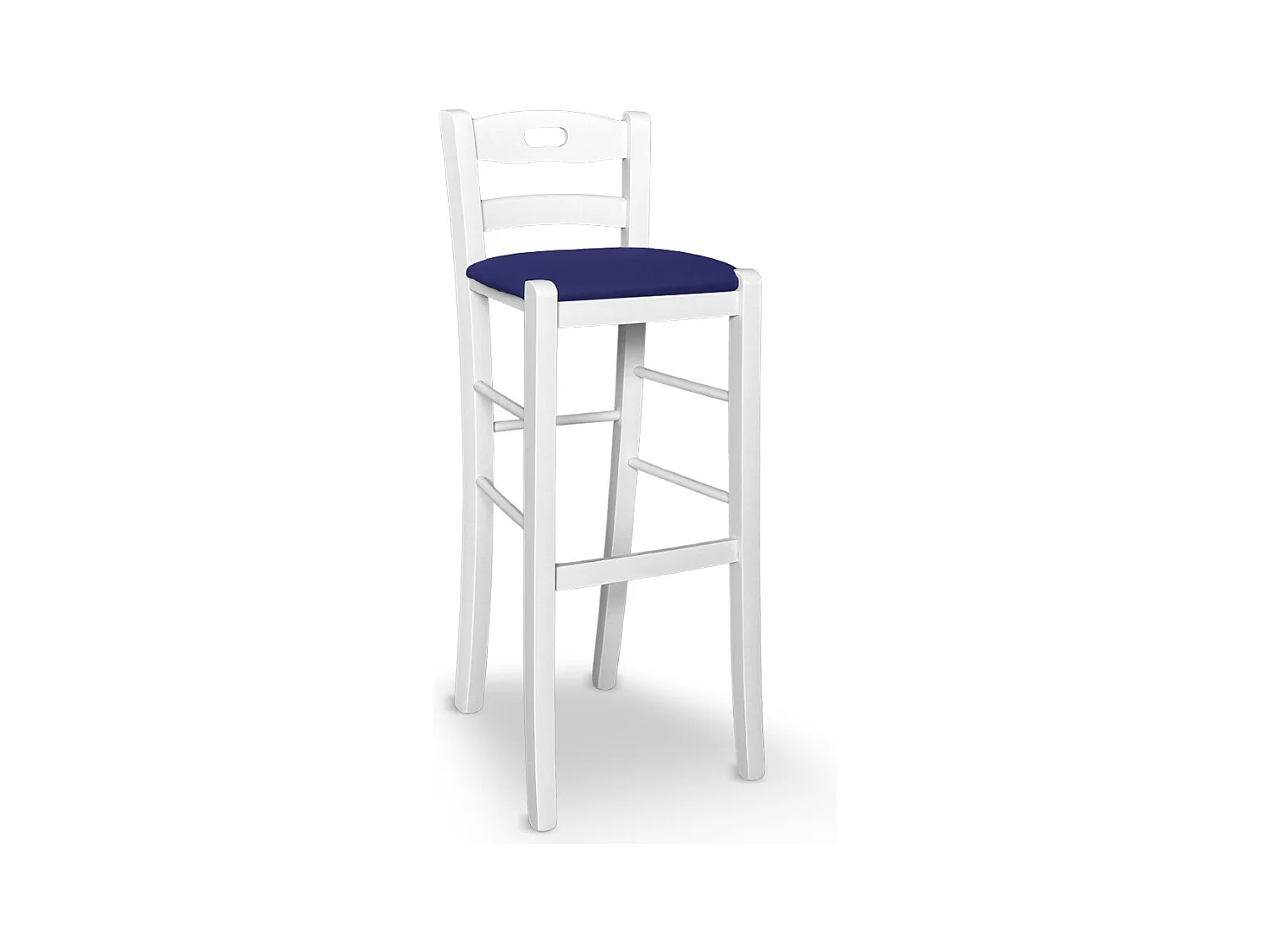 Tabouret h 80 en bois peint blanc avec poignée et assise en simili cuir bleu