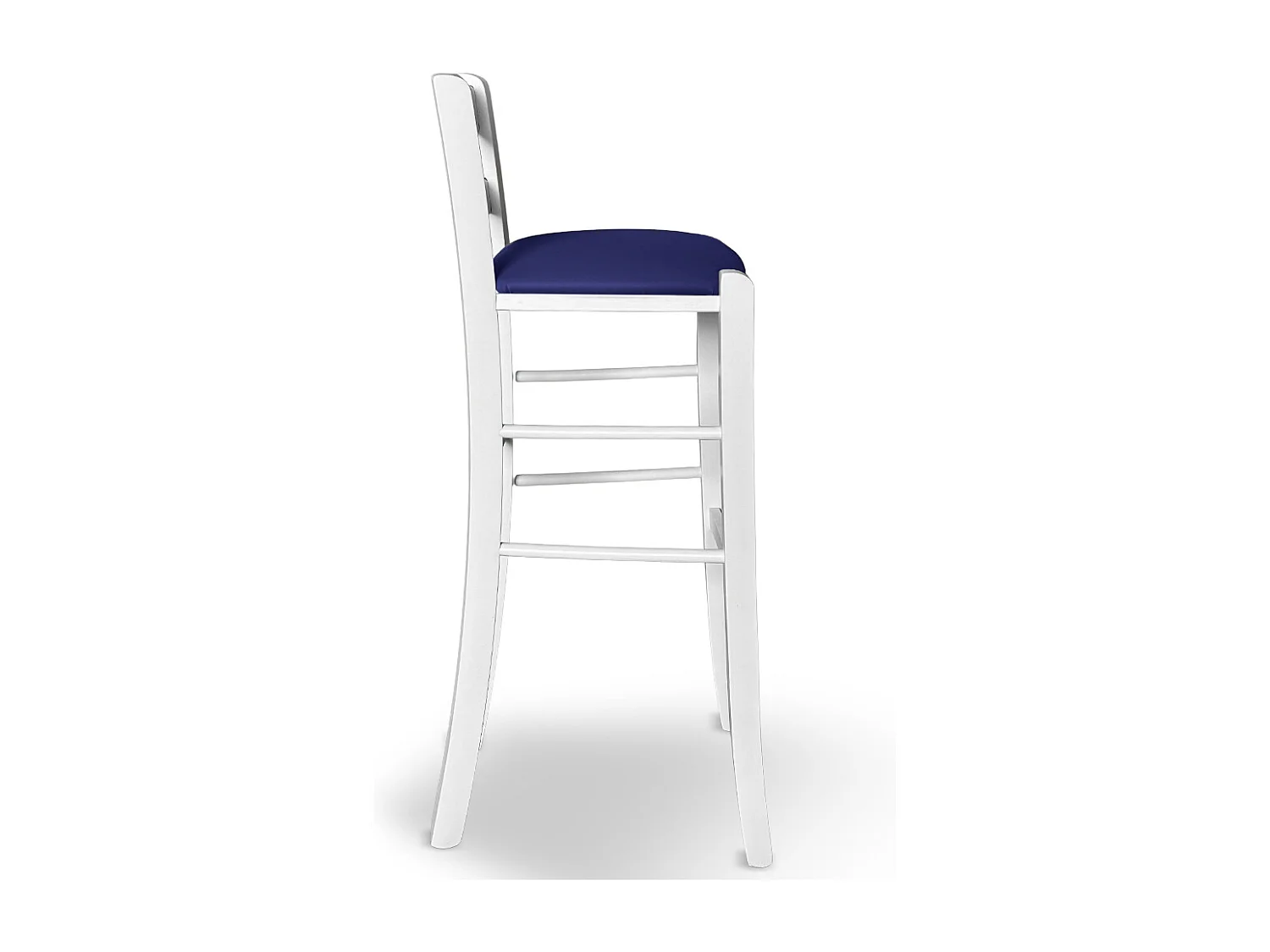 Tabouret h 80 en bois peint blanc avec poignée et assise en simili cuir bleu