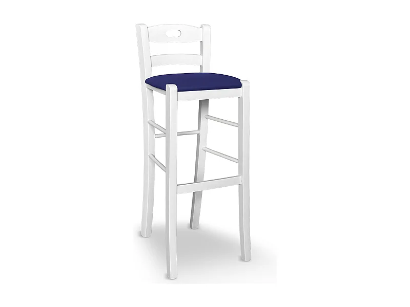 Tabouret h 80 en bois peint blanc avec poignée et assise en simili cuir bleu