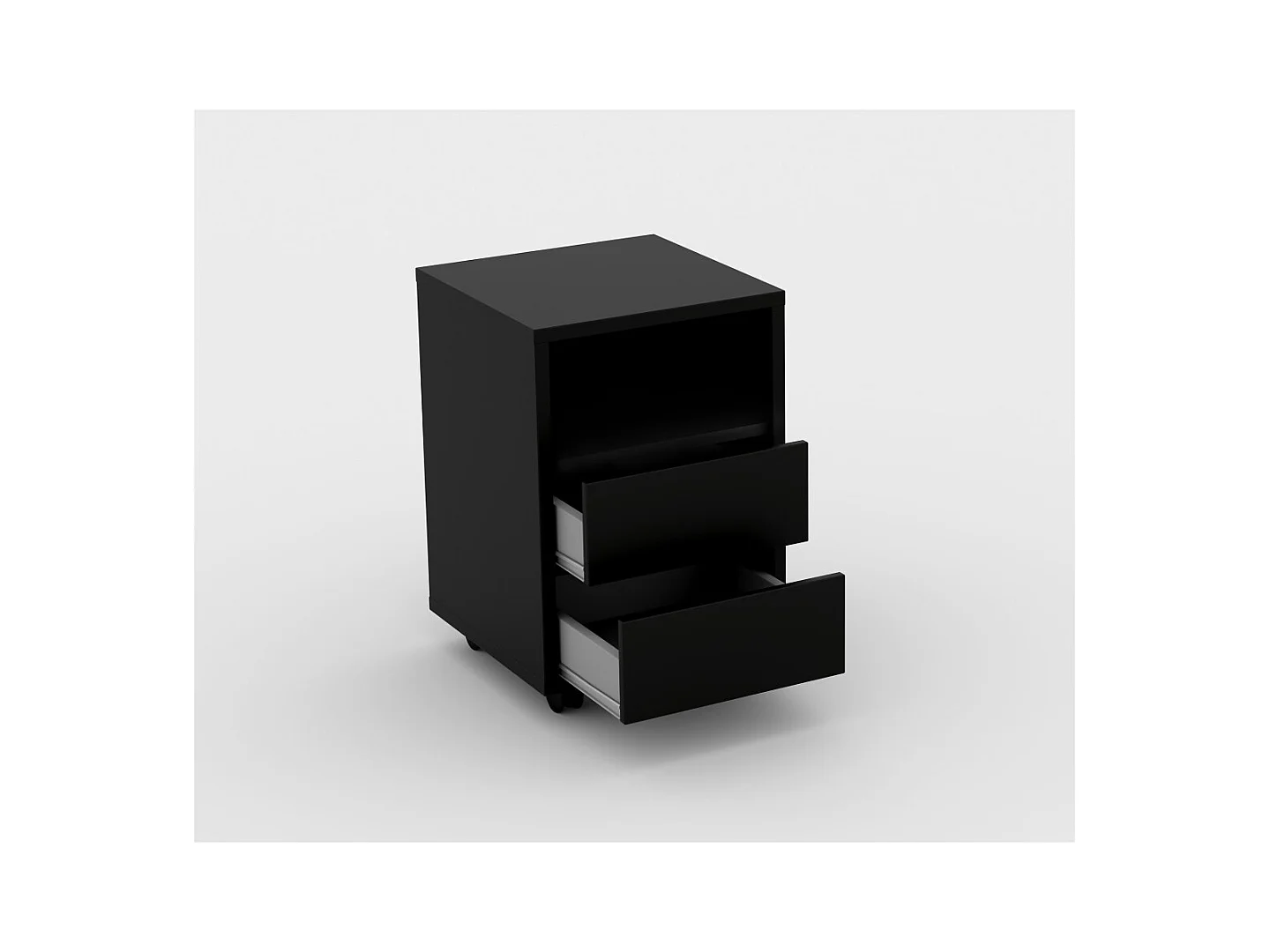 Caixa preta com rodas MELTO – 2 gavetas e 1 nicho – Armazenamento compacto com visual moderno
