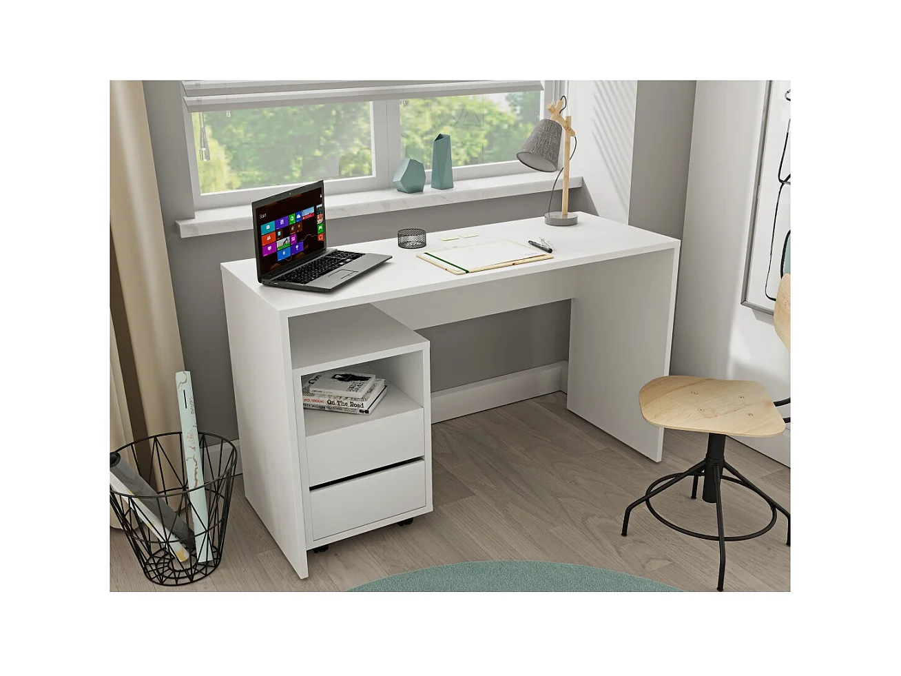 Caisson blanc à roulettes MELTO – 2 tiroirs et 1 niche – Rangement compact et mobile