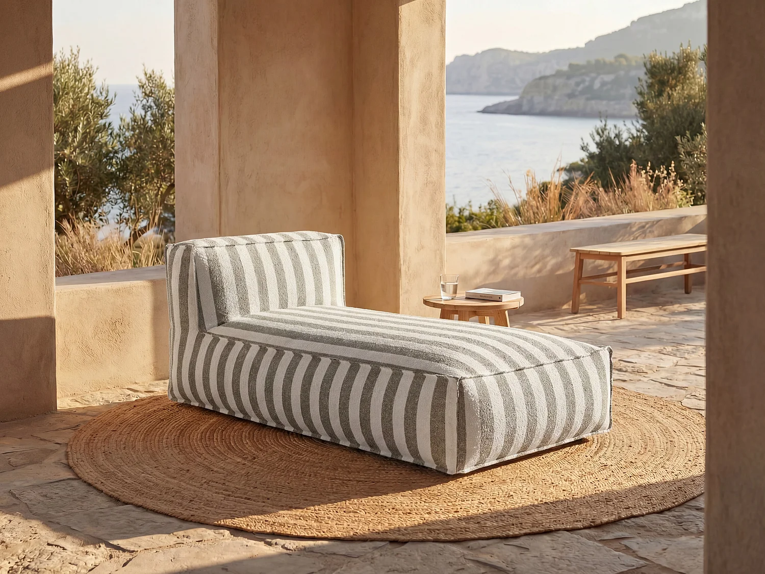 Méridienne de jardin en tissu bouclette - Rayé blanc et beige - NOUMARA de MYLIA
