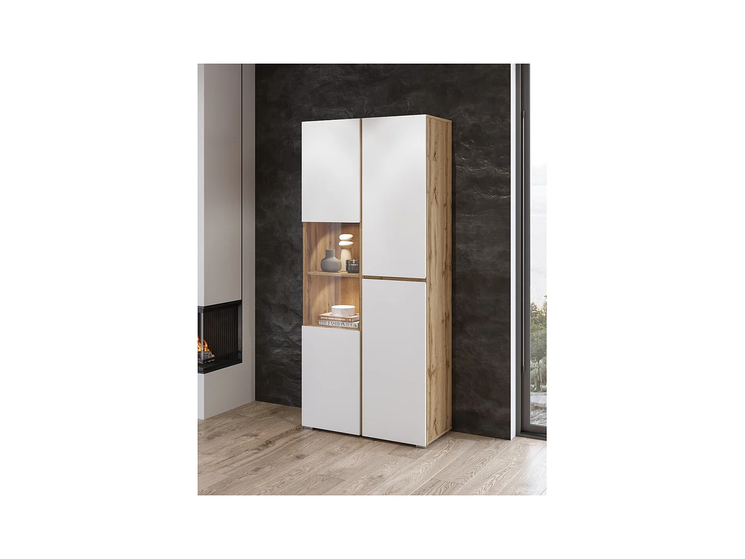 Vitrina HAVANA – Elegancia depurada en roble claro y blanco mate - Sin LED