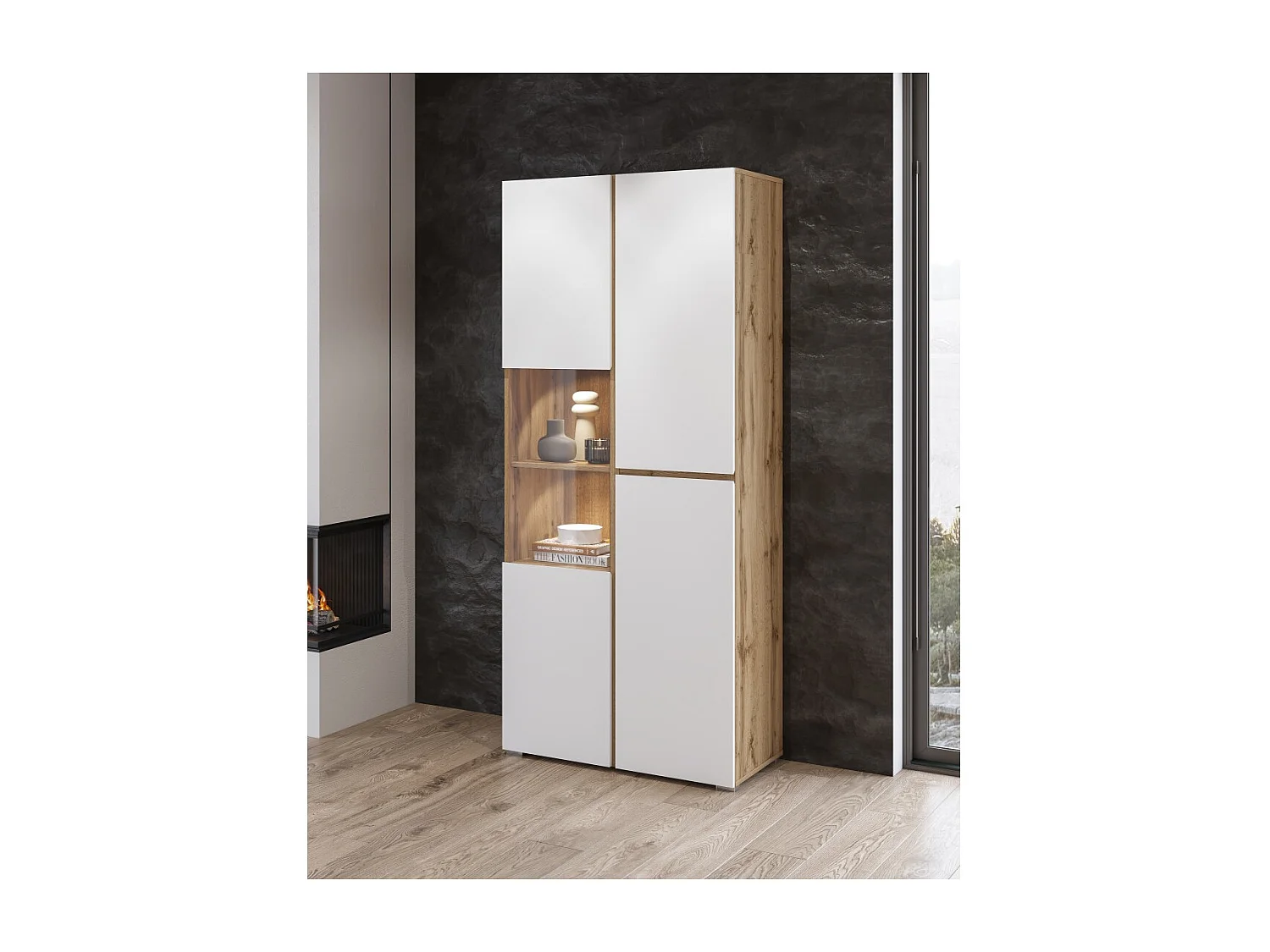 Vitrine HAVANA – Élégance épurée en chêne clair et blanc mat - Sans LED