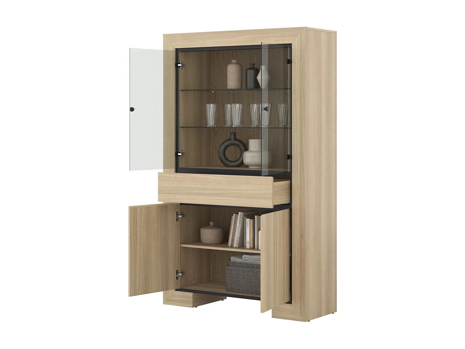 Vitrine large collection COPA – 4 portes et 1 tiroir – Chêne élégant – Sans éclairage LED