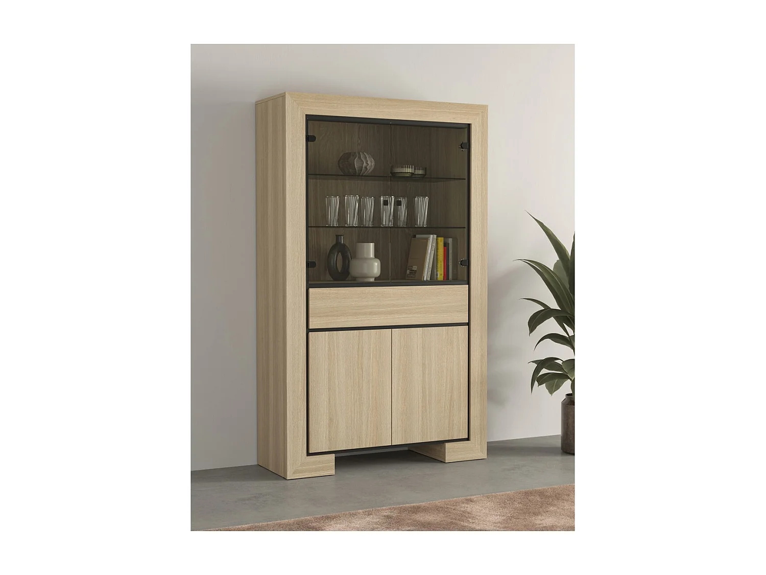 Vitrine large collection COPA – 4 portes et 1 tiroir – Chêne élégant – Sans éclairage LED