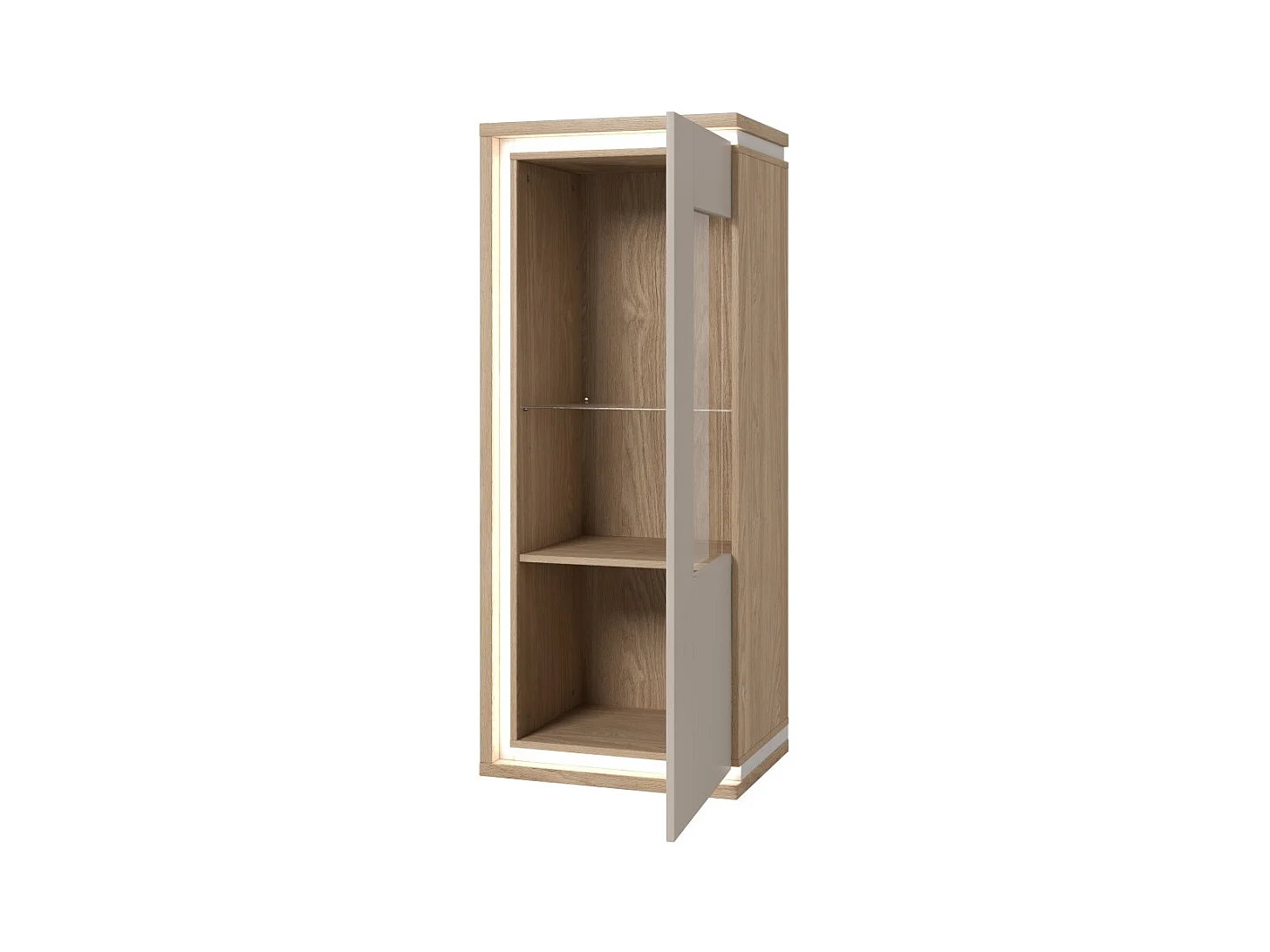 Vitrina baja JULIA 1 puerta – Roble aceitado y beige cachemira con iluminación LED integrada