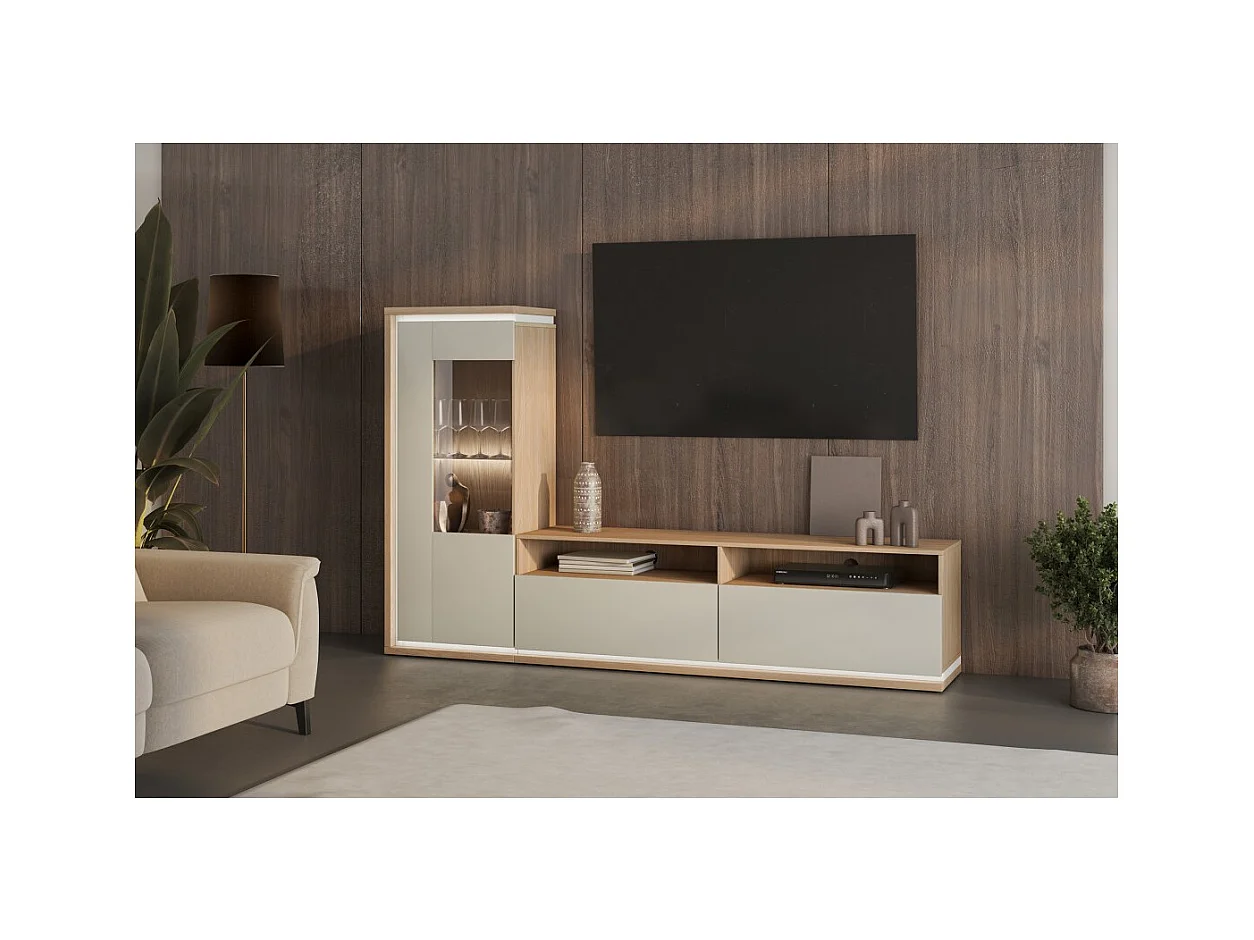 Vitrina baja JULIA 1 puerta – Roble aceitado y beige cachemira con iluminación LED integrada