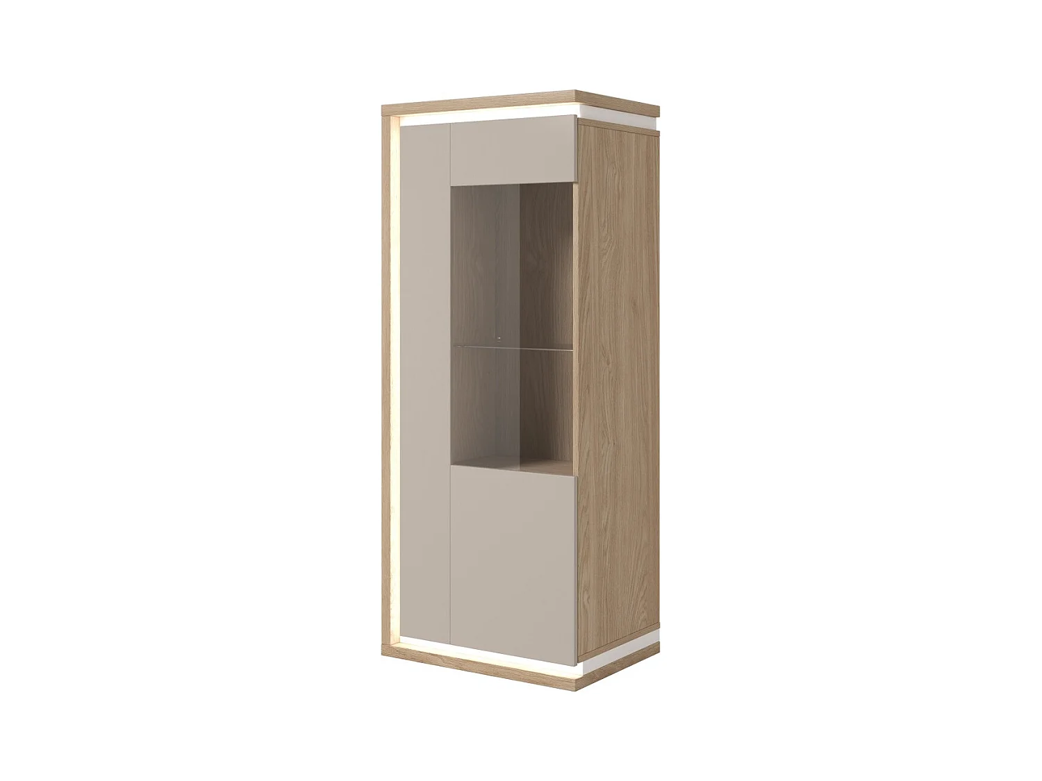 Vitrine basse JULIA 1 porte – Chêne huilé et beige cashmere avec éclairage LED intégré