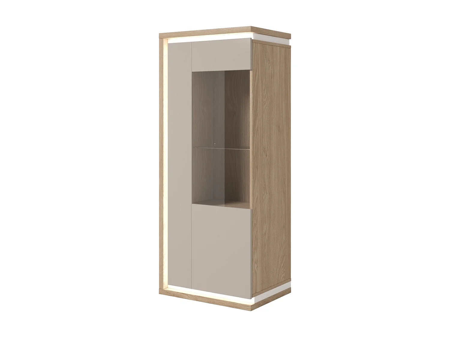 Vitrina baja JULIA 1 puerta – Roble aceitado y beige cachemira con iluminación LED integrada