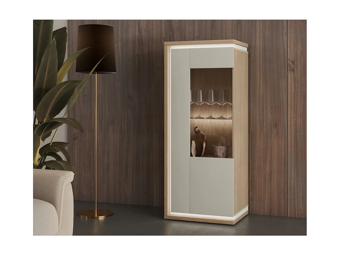 Vitrina baja JULIA 1 puerta – Roble aceitado y beige cachemira con iluminación LED integrada
