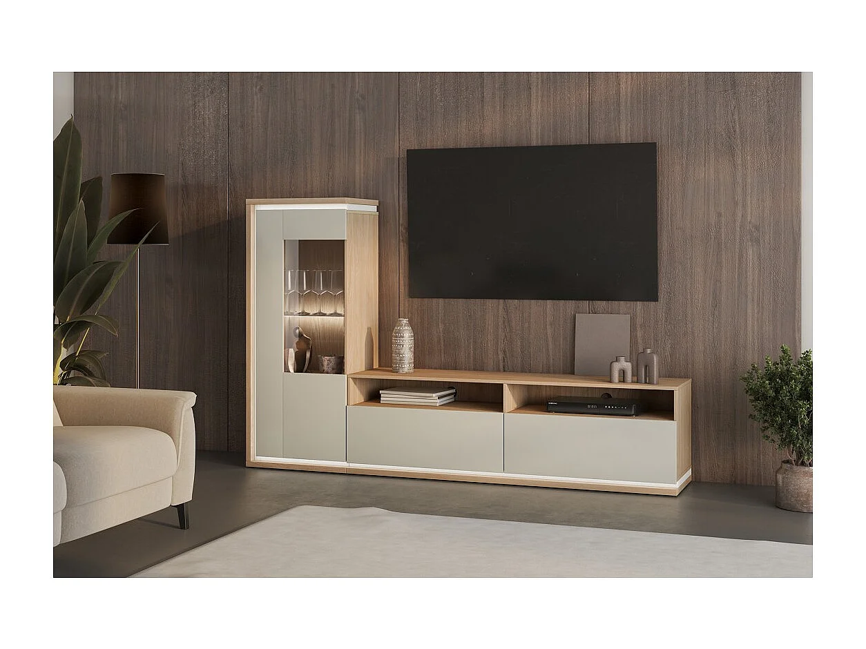 Vitrina baja JULIA 1 puerta – Roble aceitado y beige cachemira con iluminación LED integrada