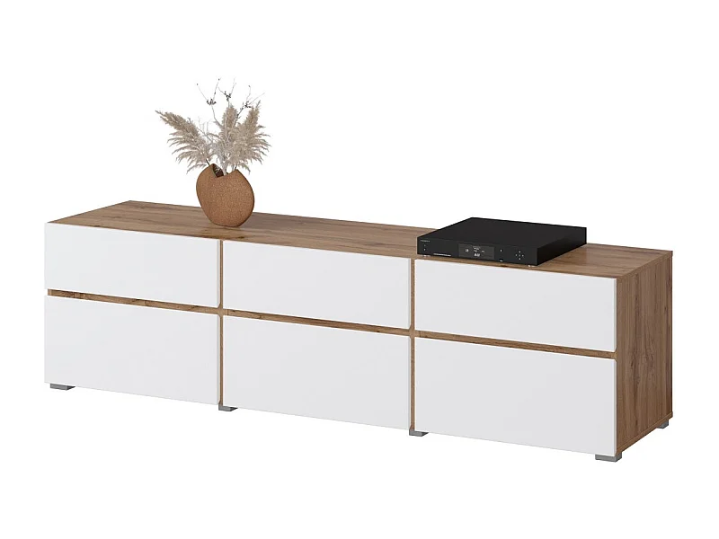 Meuble TV HAVANA – 180 cm – 3 portas de abrir e 3 gavetas – Carvalho e branco – Design contemporâneo