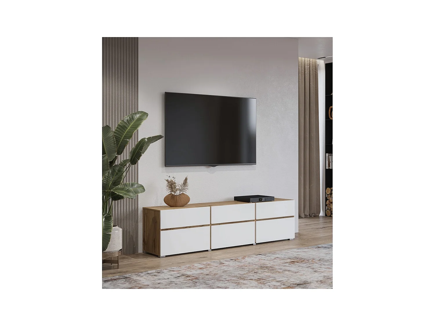 Mueble TV HAVANA – 180 cm – 3 puertas abatibles y 3 cajones – Roble y blanco – Diseño contemporáneo