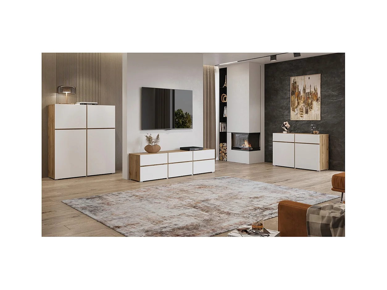 Mueble TV HAVANA – 180 cm – 3 puertas abatibles y 3 cajones – Roble y blanco – Diseño contemporáneo