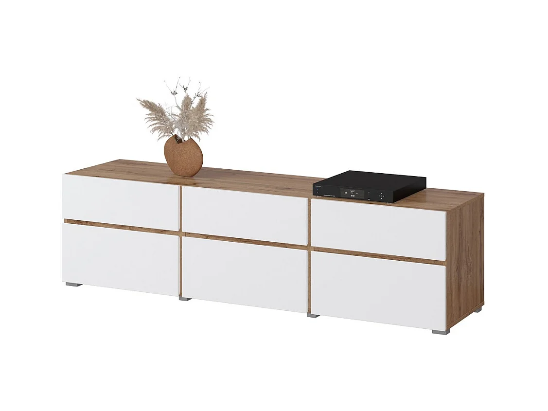 Meuble TV HAVANA – 180 cm – 3 portes abattantes et 3 tiroirs – Chêne et blanc – Design contemporain
