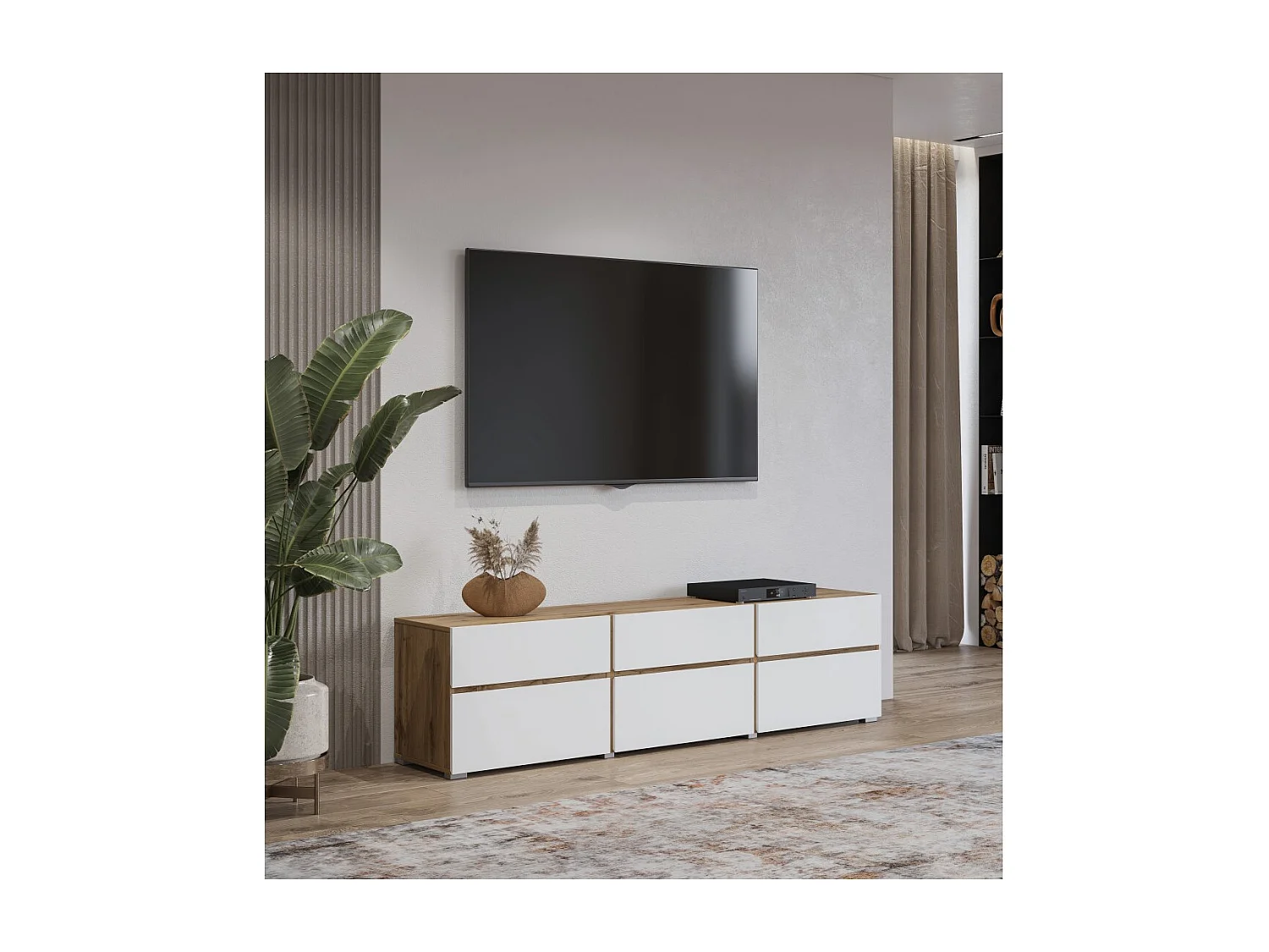 Meuble TV HAVANA – 180 cm – 3 portes abattantes et 3 tiroirs – Chêne et blanc – Design contemporain
