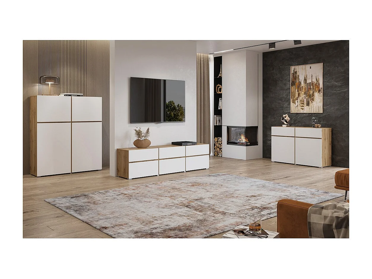 Meuble TV HAVANA – 180 cm – 3 portes abattantes et 3 tiroirs – Chêne et blanc – Design contemporain