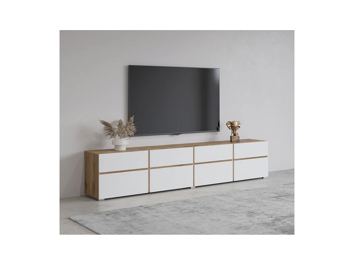 Móvel para TV XL HAVANA – 225 cm – 4 portas abatíveis e 4 gavetas – Carvalho e branco – Design moderno