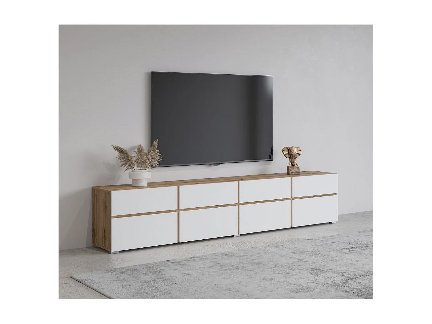 Móvel para TV XL HAVANA – 225 cm – 4 portas abatíveis e 4 gavetas – Carvalho e branco – Design moderno