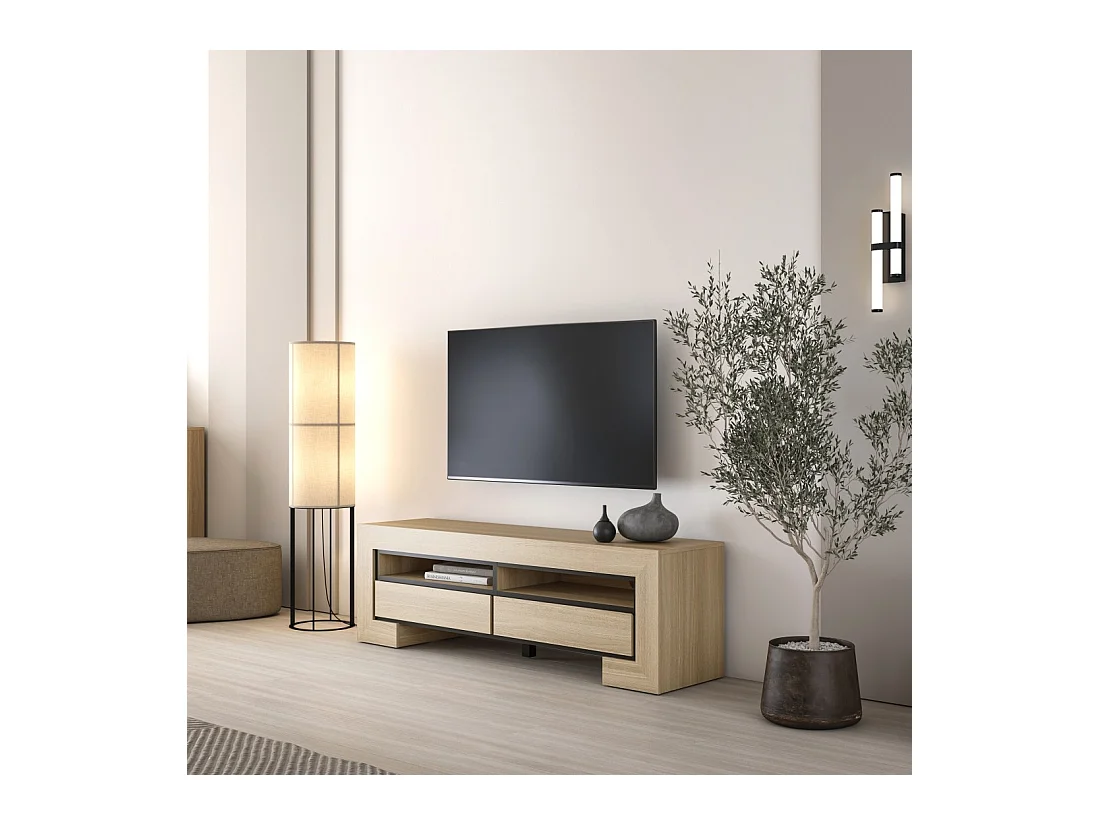 Mueble de TV colección COPA – 160x50,5x41 cm – 2 cajones y 2 nichos – Roble elegante – Diseño escandinavo