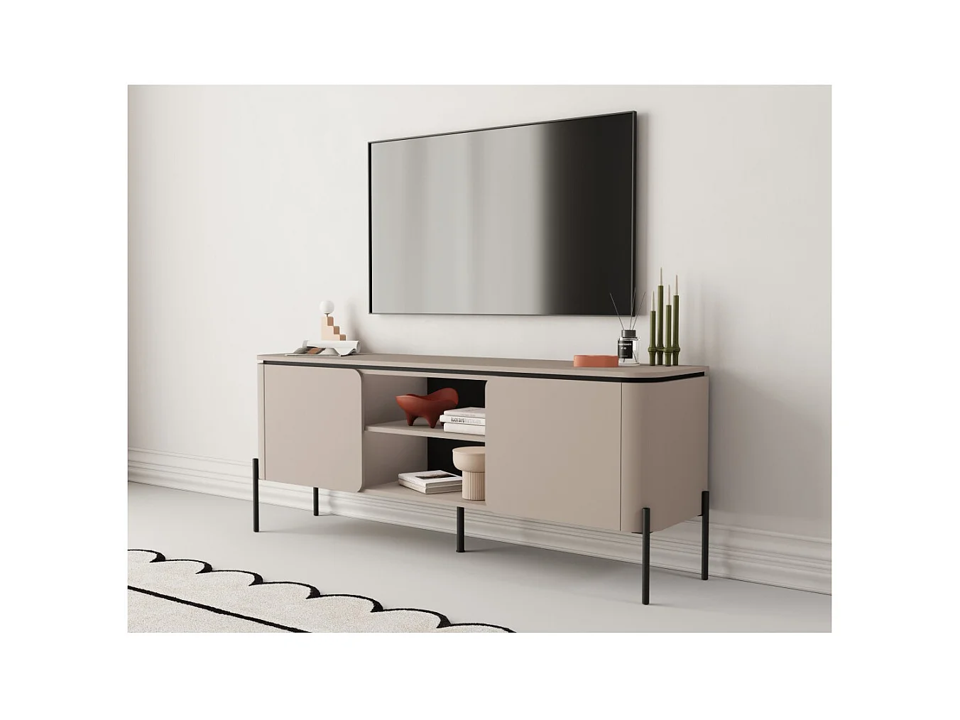 Mueble para TV BELLA 2 puertas – Acabado Congo mate – Diseño redondeado y patas de metal negras