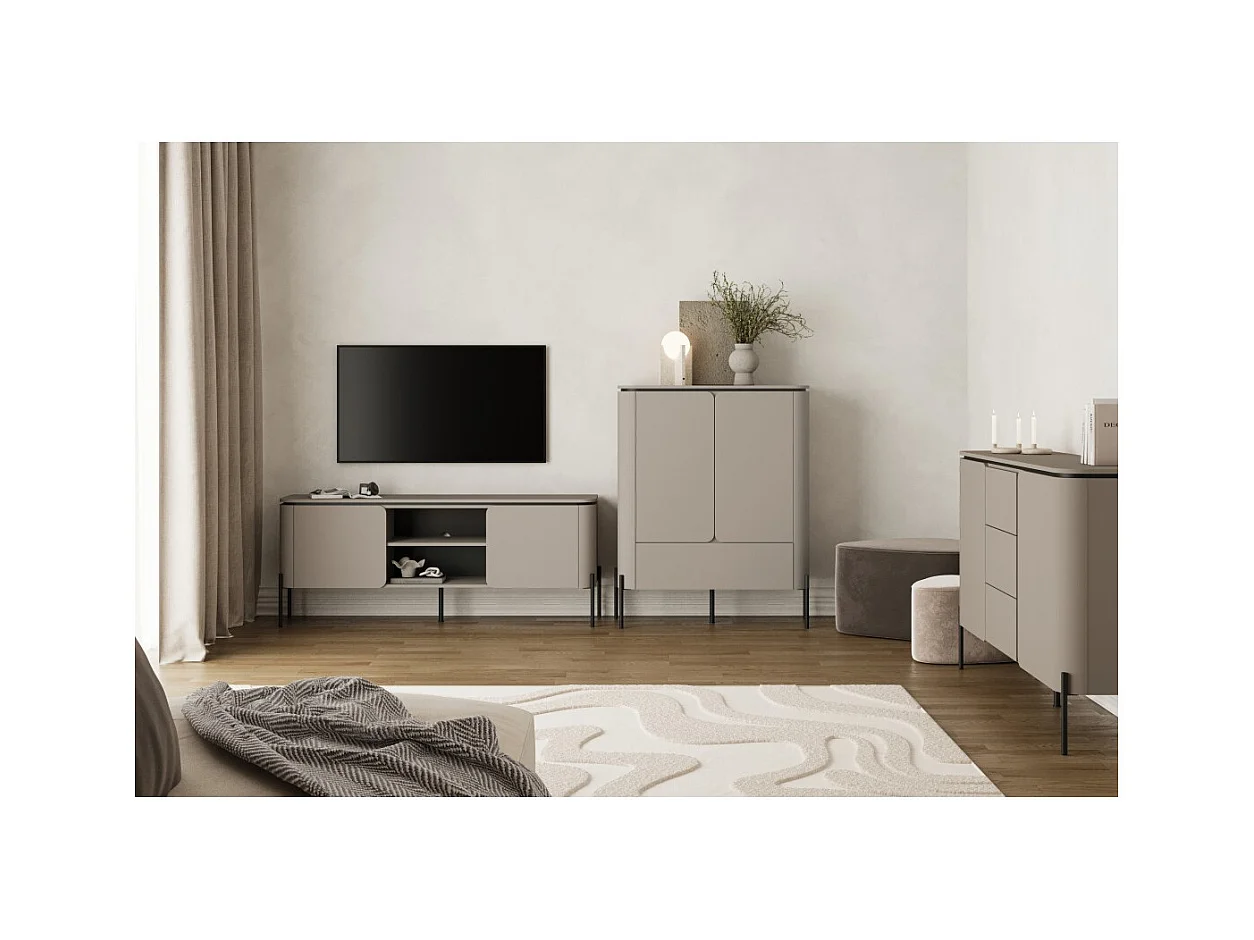 Mueble para TV BELLA 2 puertas – Acabado Congo mate – Diseño redondeado y patas de metal negras