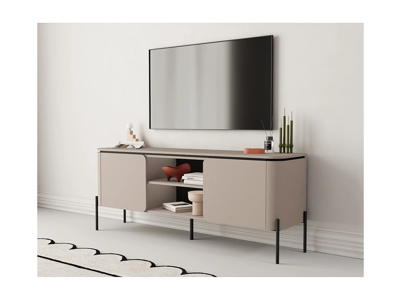 Mueble para TV BELLA 2 puertas – Acabado Congo mate – Diseño redondeado y patas de metal negras