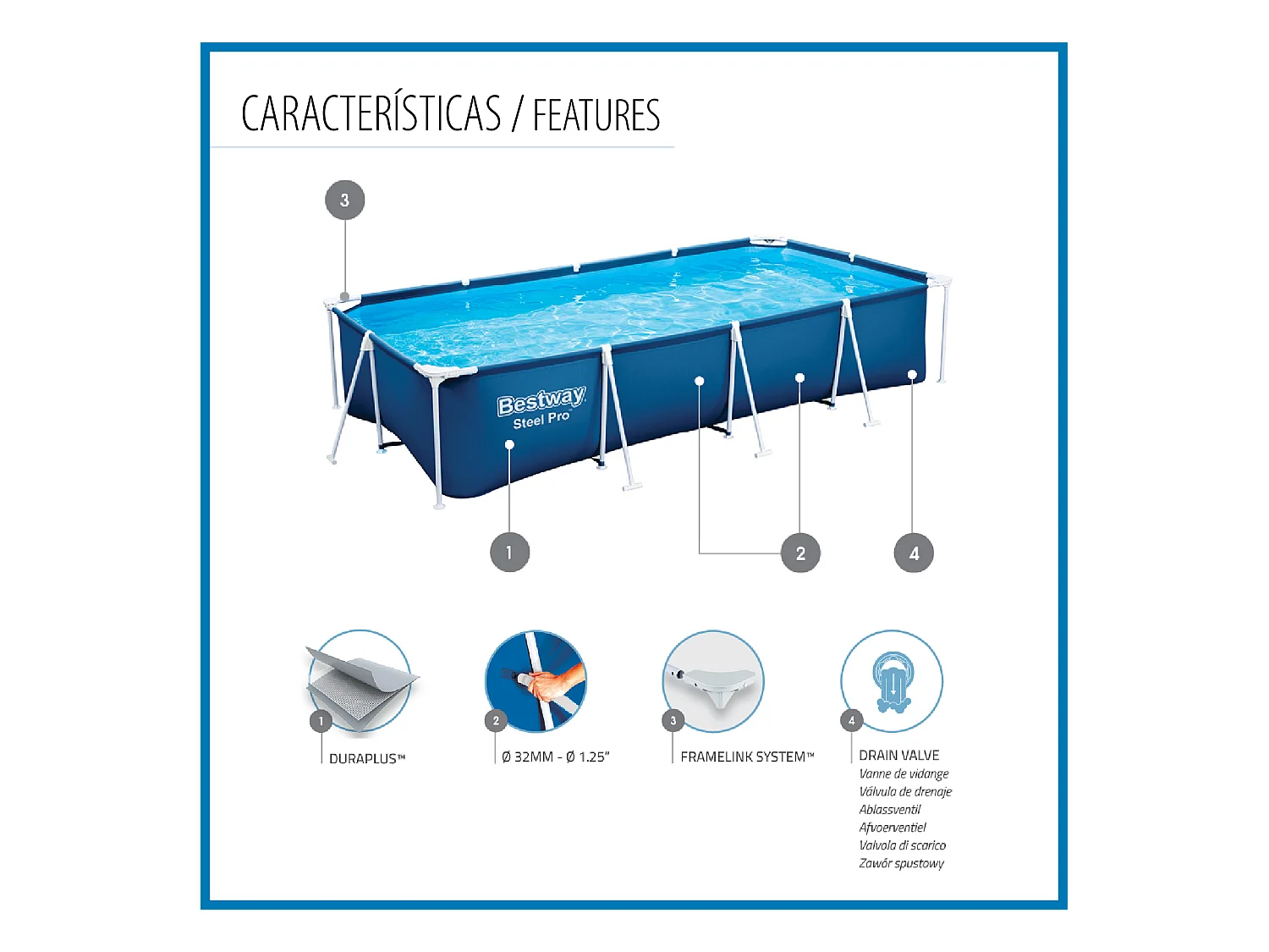 Piscine Démontable Rectangulaire Bestway Steel Pro 400x211x81 cm avec Filtre à Cartouche de 1.249 l/h Couleur Bleu