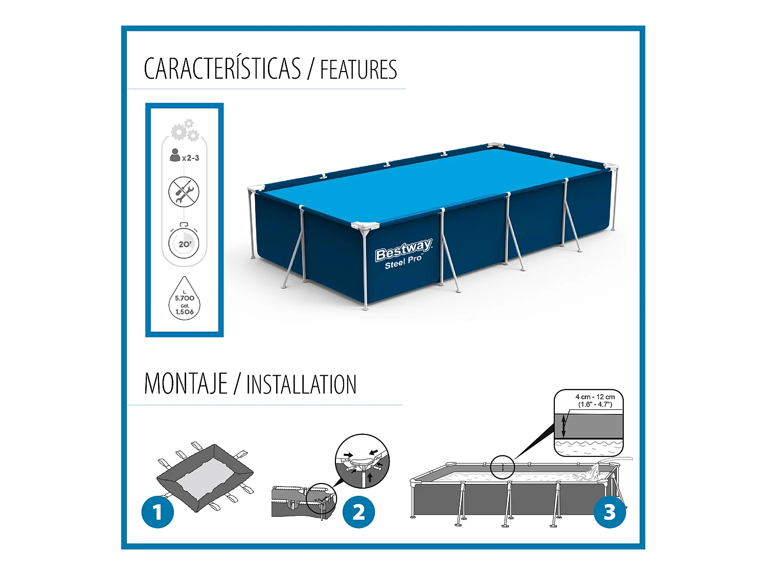 Piscine Démontable Rectangulaire Bestway Steel Pro 400x211x81 cm avec Filtre à Cartouche de 1.249 l/h Couleur Bleu