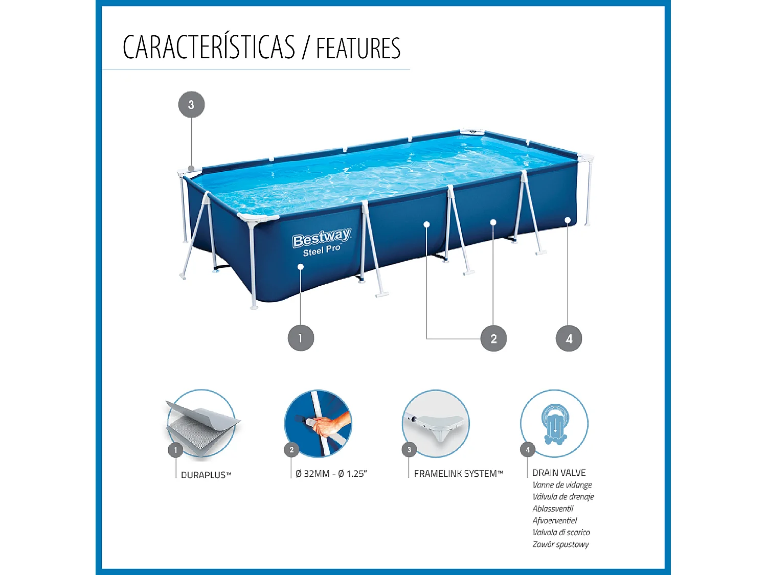 Piscina Fuori Terra Rettangolare Bestway Steel Pro 400x211x81 cm con Pompa Filtro a Cartuccia da 1.249 l/h Colore Blu