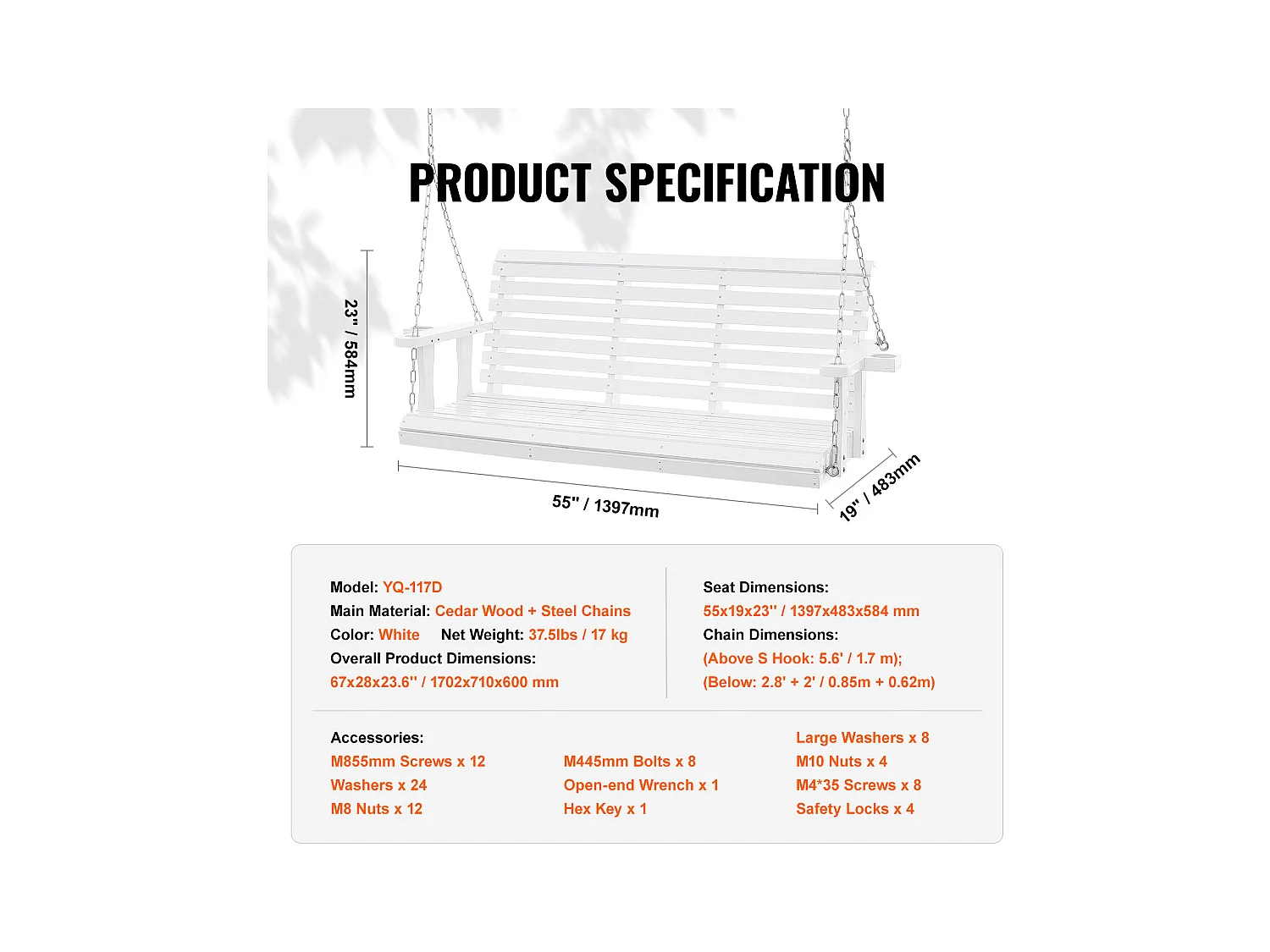 Veranda Schommel SucceBuy, 165 cm Hout, Hangstoel voor Tuin, Patio of Terras,Verbeterd Draagvermogen 400 kg, Wit