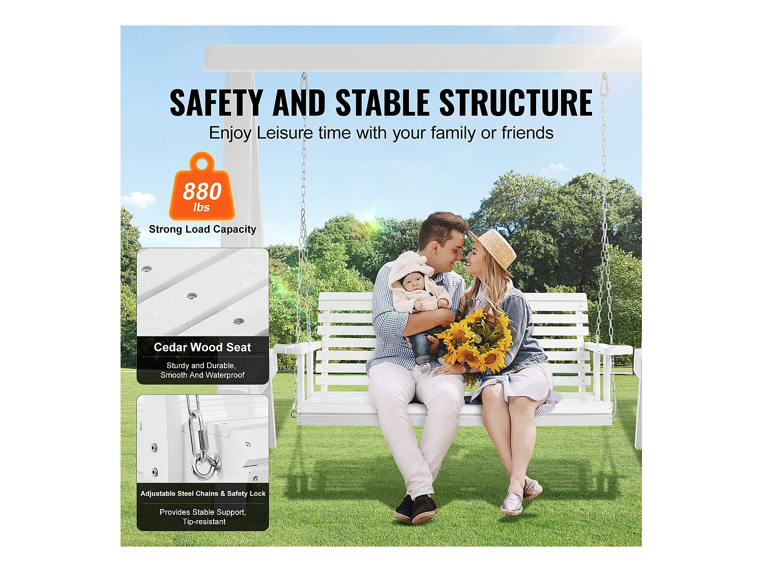 Veranda Schommel SucceBuy, 165 cm Hout, Hangstoel voor Tuin, Patio of Terras,Verbeterd Draagvermogen 400 kg, Wit