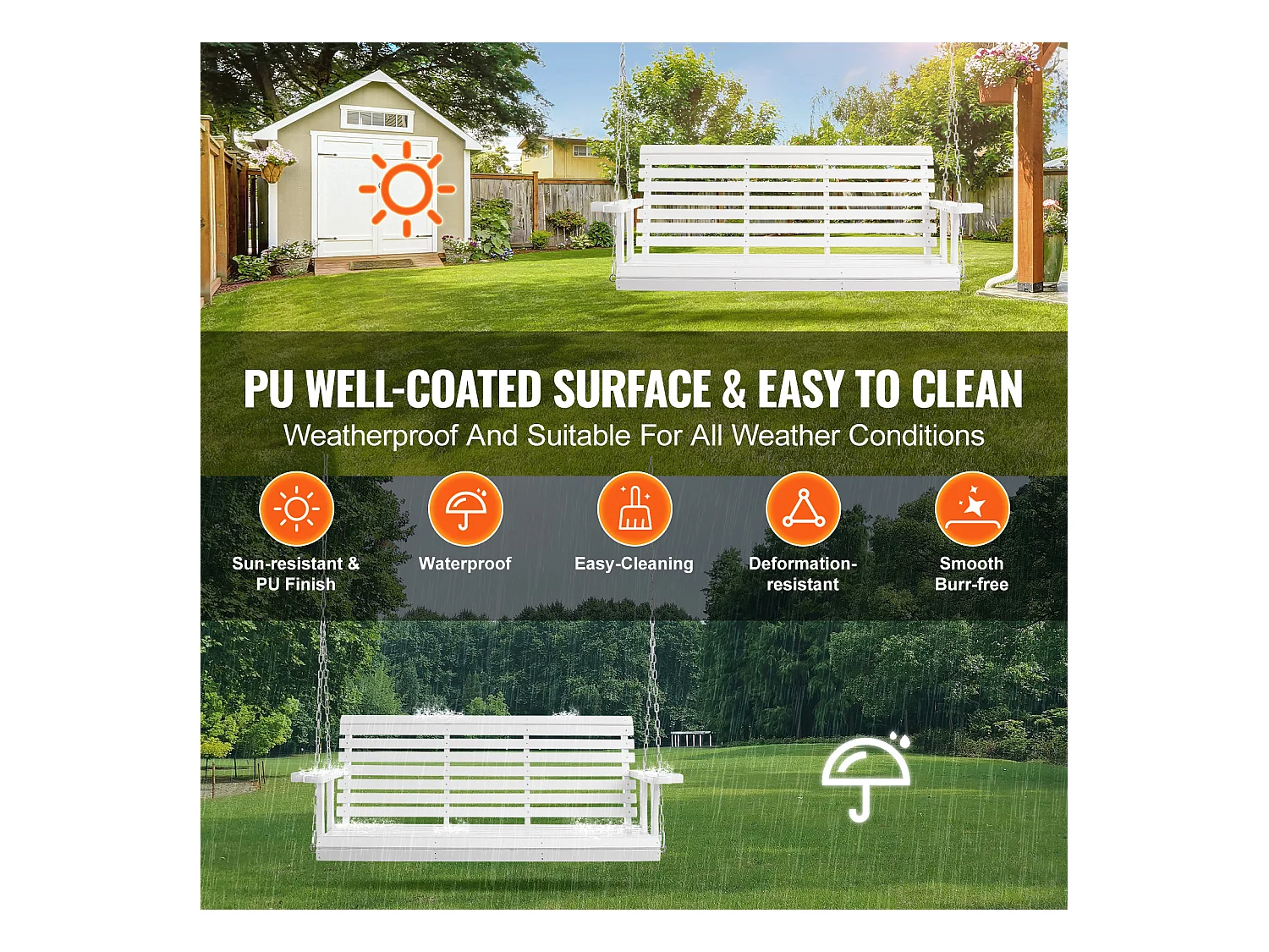 Veranda Schommel SucceBuy, 165 cm Hout, Hangstoel voor Tuin, Patio of Terras,Verbeterd Draagvermogen 400 kg, Wit