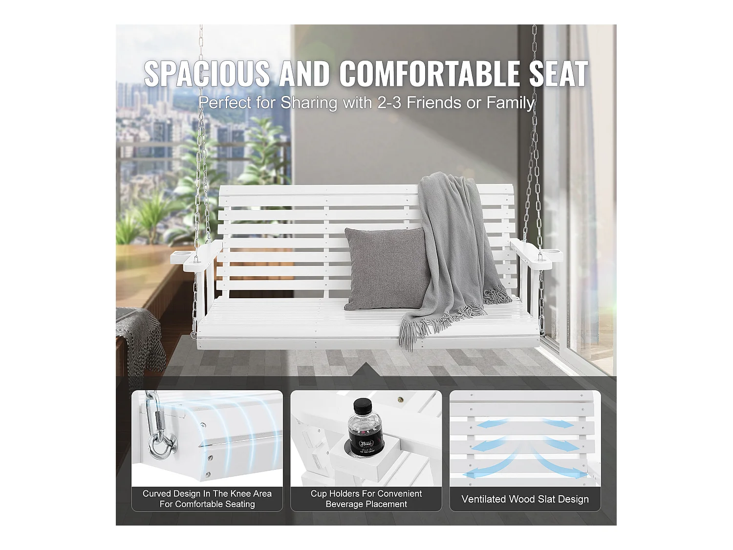 Veranda Schommel SucceBuy, 165 cm Hout, Hangstoel voor Tuin, Patio of Terras,Verbeterd Draagvermogen 400 kg, Wit