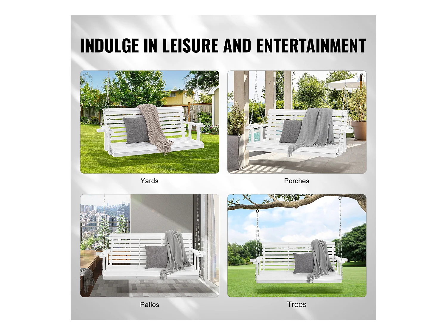 Veranda Schommel SucceBuy, 165 cm Hout, Hangstoel voor Tuin, Patio of Terras,Verbeterd Draagvermogen 400 kg, Wit