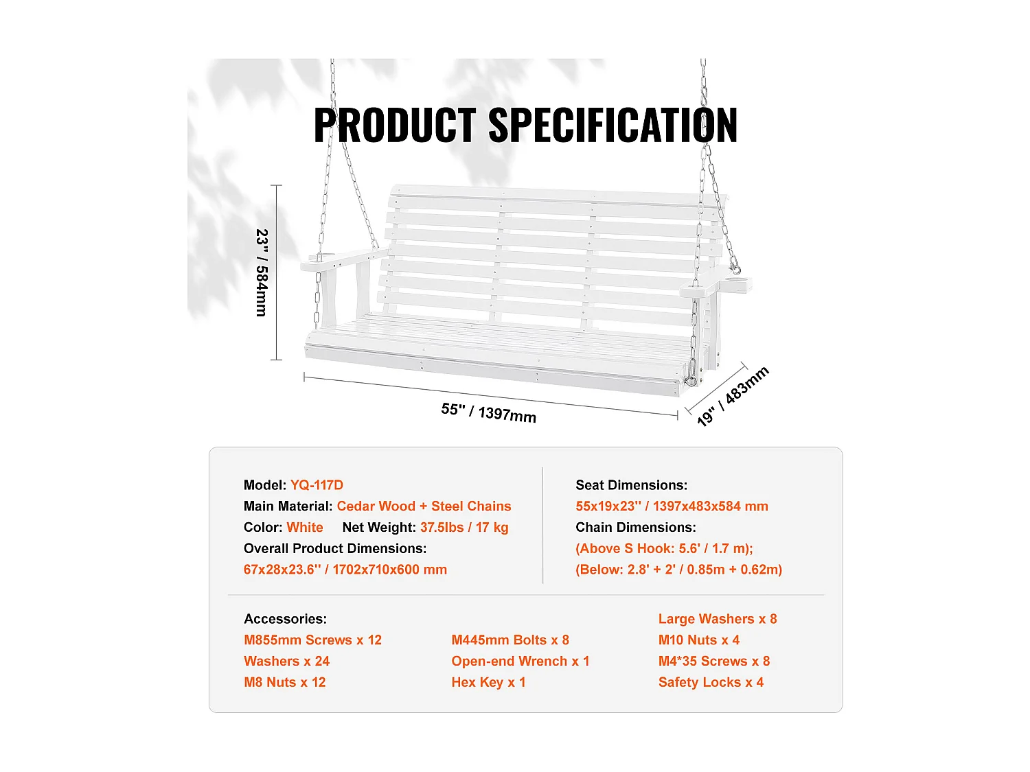 Balançoire de Porche SucceBuy, en Bois de 165 cm, Chaise Suspendue pour Jardin, Patio ou Terrasse, Blanc