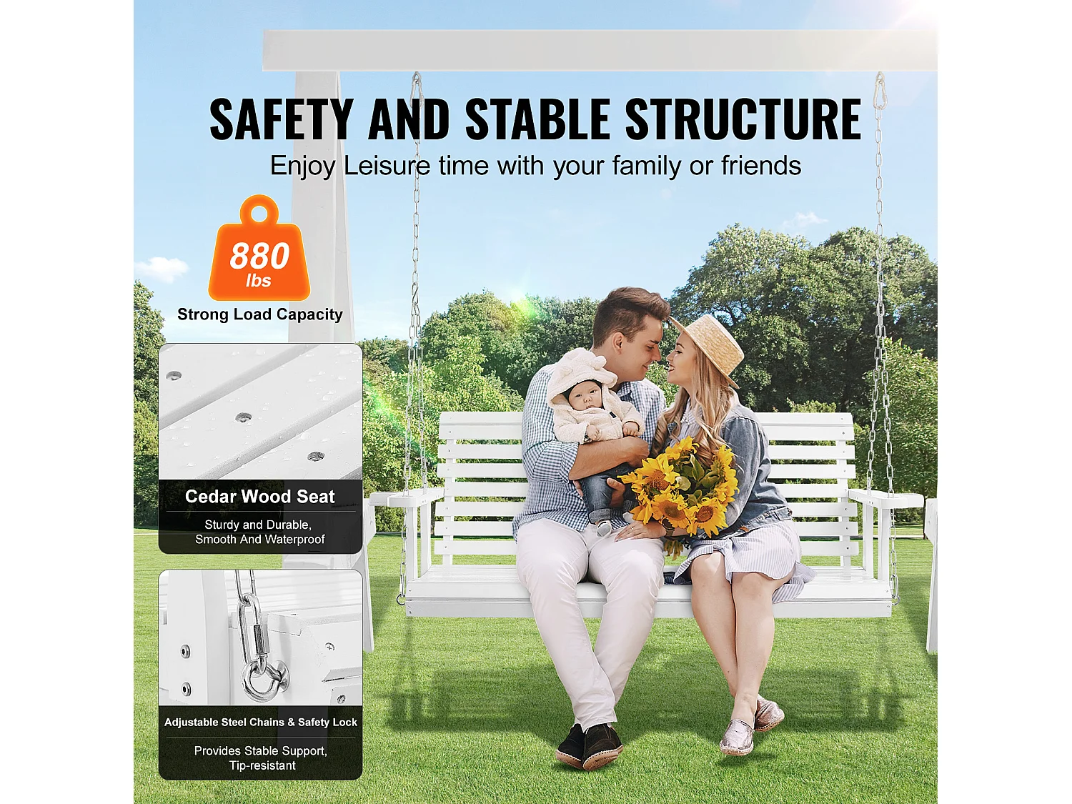 Balançoire de Porche SucceBuy, en Bois de 165 cm, Chaise Suspendue pour Jardin, Patio ou Terrasse, Blanc