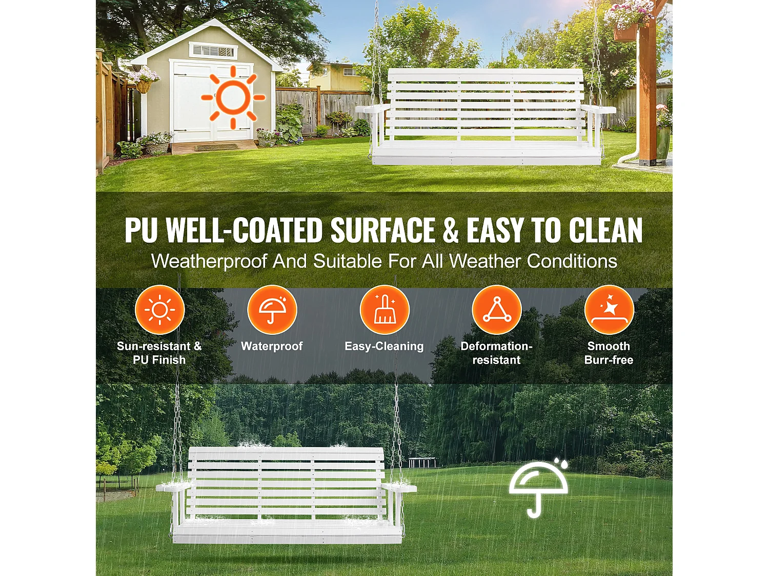 Balançoire de Porche SucceBuy, en Bois de 165 cm, Chaise Suspendue pour Jardin, Patio ou Terrasse, Blanc